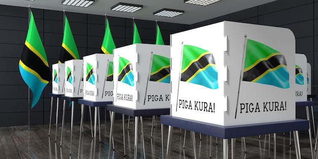 Estação de voto na Tanzânia com muitas cabines de votação conceito eleitoral ilustração 3D