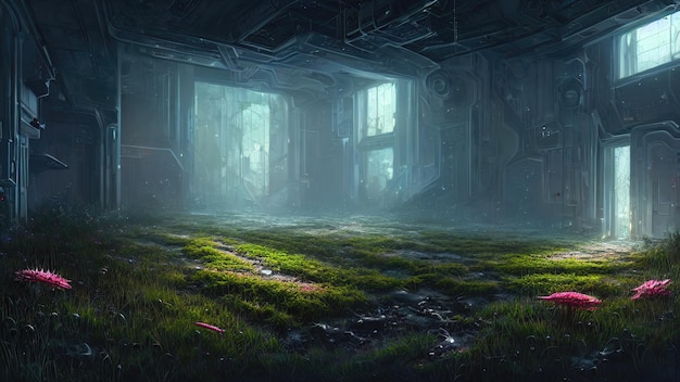 Estação espacial abandonada coberta de plantas de vegetação e sala vazia de grama Luz das janelas e vigias ilumina o salão da estação espacial Algo estranho está acontecendo ilustração 3d