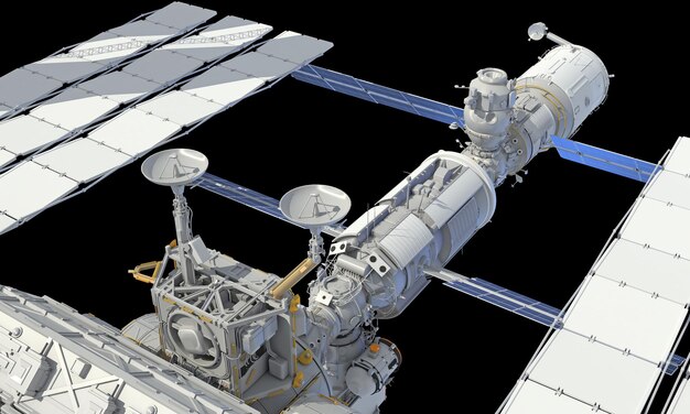Estação Espacial Internacional ISS renderização 3D em fundo preto