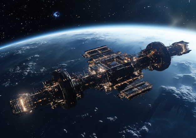 Estação espacial tecnológica e futurista planeta Terra em fundo conceito de ficção ai