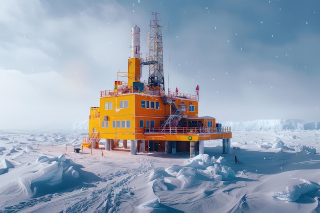 Estación ártica contra el telón de fondo de la nieve y el hielo ártico Aldea modular residencial para el trabajo y la vida de una expedición polar