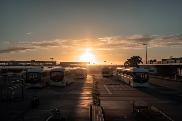 Estación de autobuses al amanecer con el sol saliendo por el horizonte