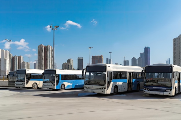 Foto estación de autobuses con vista al horizonte de la ciudad con autobuses listos para transportar personas a sus destinos