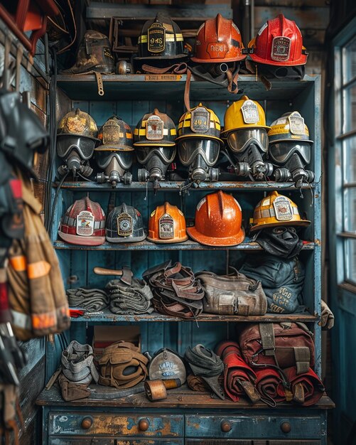 Foto una estación de bomberos con cascos, hachas y mangueras de fondo