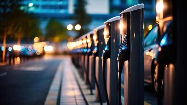 Foto estación de carga de automóviles eléctricos en la ciudad por la noche