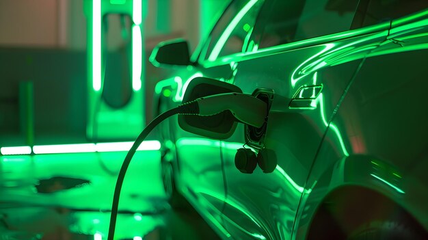 Estación de carga de automóviles eléctricos ecológicos con iluminación verde brillante