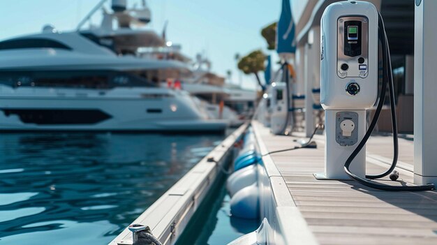 Foto estación de carga para barcos tomas eléctricas para cargar yates en el puerto