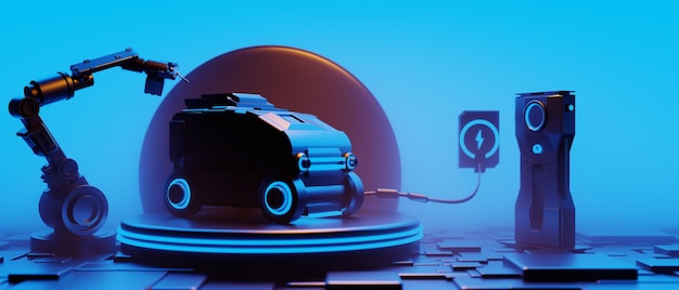 Estación de carga de baterías de automóviles eléctricos concepto de transporte de vehículos eléctricos ilustración 3D tecnología de renderización de nuevas energías futuro de los viajes