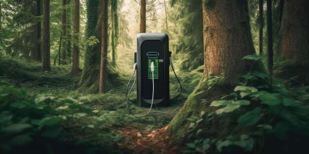 Estación de carga de coches eléctricos EV en medio de un bosque verde