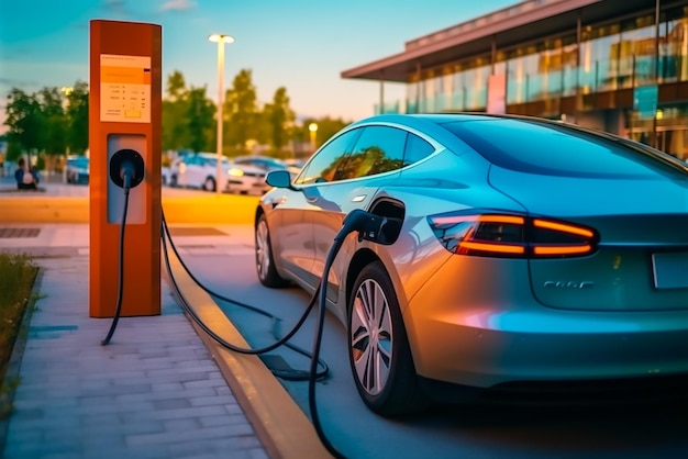 Estación de carga eléctrica con EV Car cerca