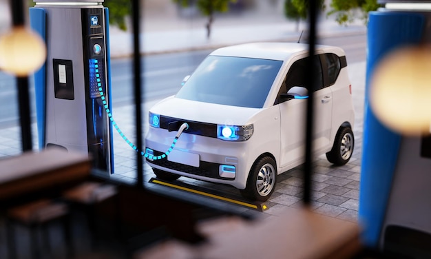 Estación de carga EV azul y vehículo eléctrico en el fondo de la ciudad con cafetería en primer plano Tecnología ecológica y concepto de transporte Ilustración 3D