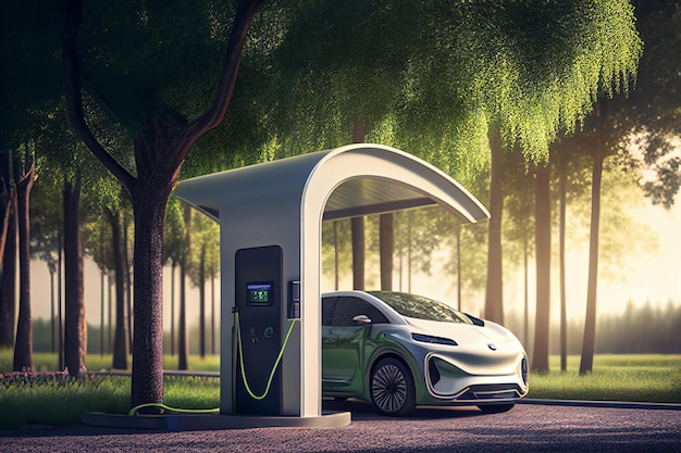 Estación de carga EV para coche eléctrico en concepto de energía verde Creado con tecnología de IA generativa