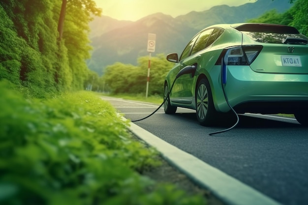 Estación de carga EV para coches eléctricos en concepto de energía verde producida a partir de fuentes sostenibles