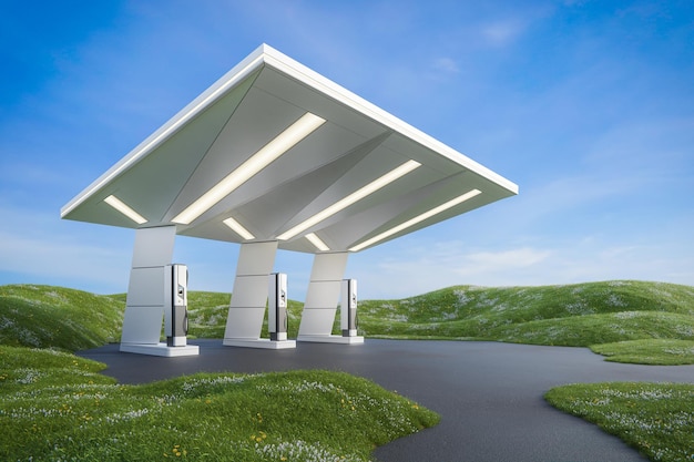 Estación de carga rápida de vehículos eléctricos representación 3D de la arquitectura con fondo de prado y cielo