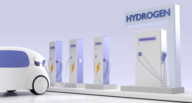 Estación de carga de vehículos de combustible de hidrógeno Coche eléctrico moderno con batería y suministro de cable de alimentación enchufado transporte ecológico sin emisiones Concepto de energía verde 3d renderizar ilustración