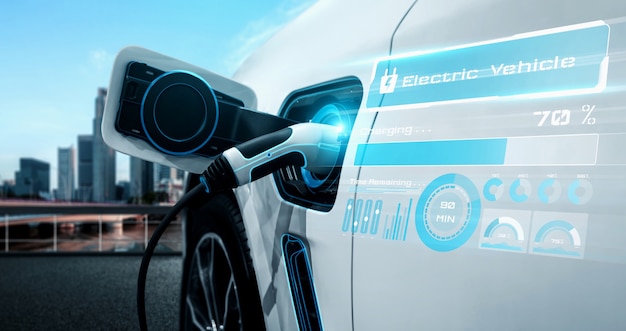 Estación de carga de vehículos eléctricos para coche eléctrico en concepto de energía verde alternativa