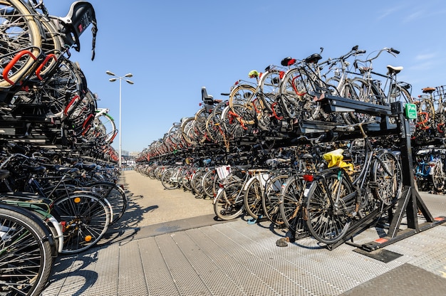 La estación central de Amsterdam. Muchas bicicletas estacionadas frente a la estación central