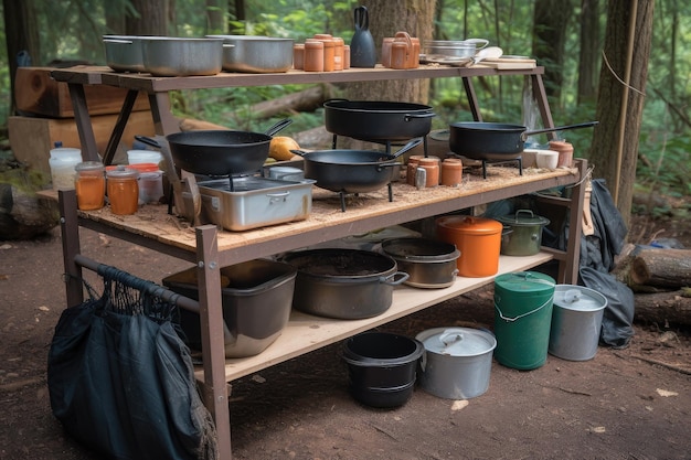 Estación de cocina al aire libre con ollas, sartenes y especias en una estufa de campamento creada con IA generativa