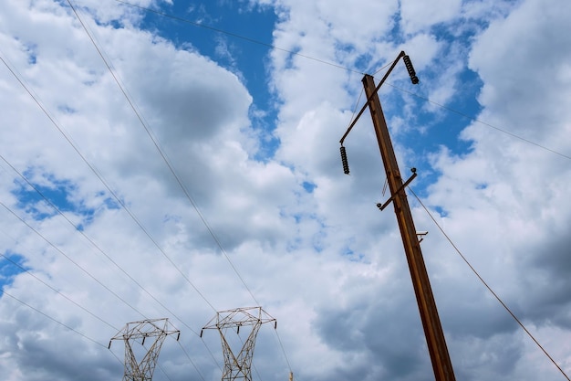 Estación de energía eléctrica en una puesta de sol Nubes de apoyo de alto voltaje en el cielo Escala eléctrica de peligro de planta