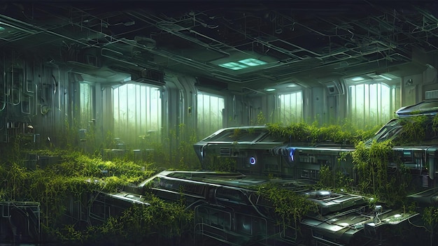 Estación espacial abandonada cubierta de plantas de vegetación y habitación vacía de hierba La luz de las ventanas y los ojos de buey iluminan la sala de la estación espacial Algo extraño está sucediendo ilustración 3d