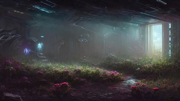 Estación espacial abandonada cubierta de plantas de vegetación y habitación vacía de hierba La luz de las ventanas y los ojos de buey iluminan la sala de la estación espacial Algo extraño está sucediendo ilustración 3d