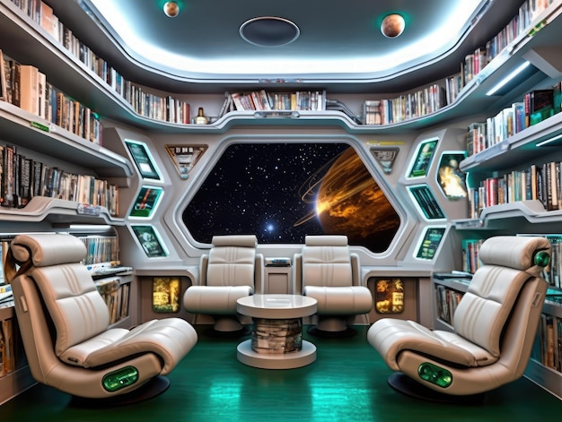 Estación espacial futurista Biblioteca elegante y minimalista
