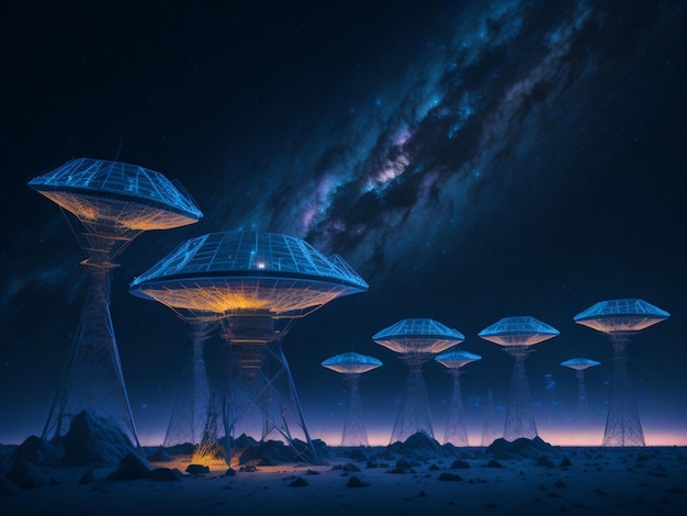 Estación espacial futurista en el fondo del cielo nocturno