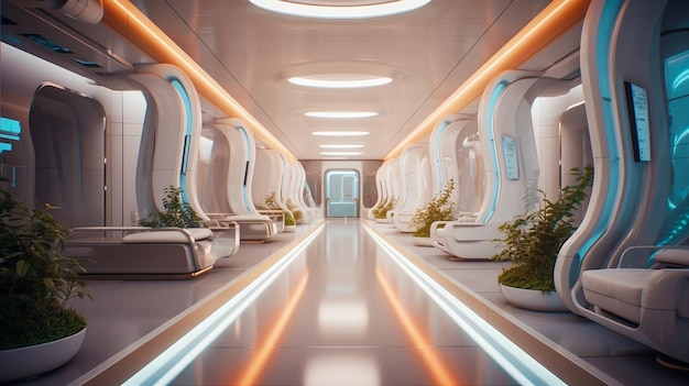 Una estación espacial futurista con un montón de plantas en el suelo.