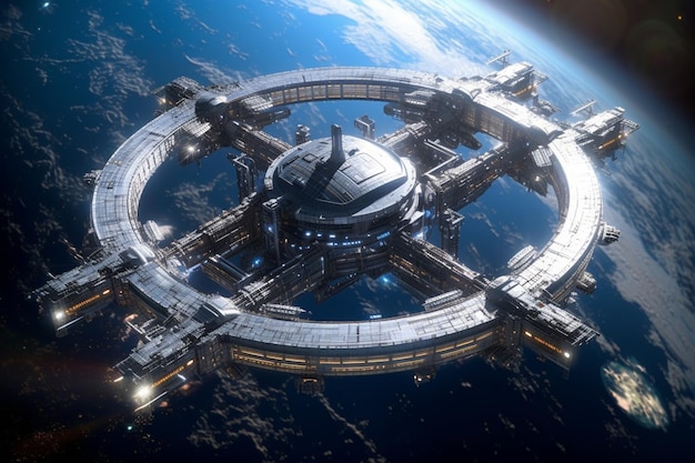 Una estación espacial futurista con un planeta al fondo.