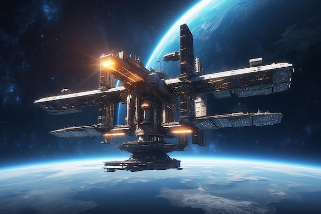 Estación espacial iluminada por una estrella brillante Ilustración de ciencia ficción en 3D