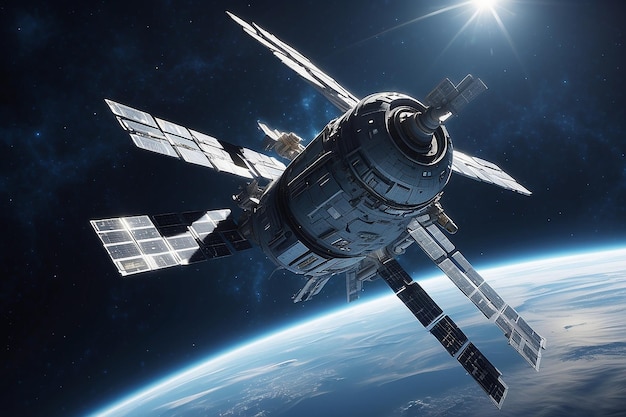 Estación espacial iluminada por una estrella brillante Ilustración de ciencia ficción en 3D
