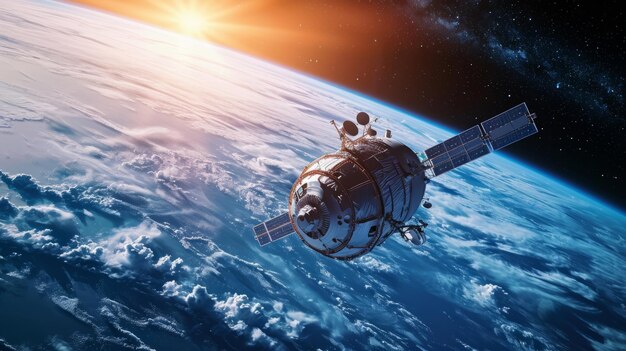 Foto estación espacial y nave espacial en el espacio exterior la luz del sol de la tierra en el fondo elementos de esta imagen proporcionados por la nasa