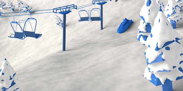 Estación de esquí con remontes y motos de nieve. Copie el espacio. Ilustración 3D.