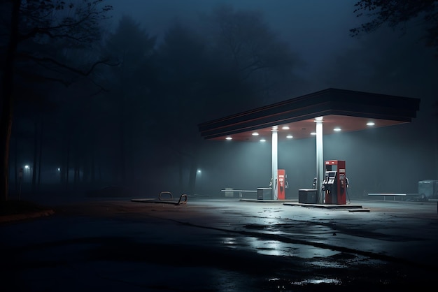 Estación de gasolina por la noche Estación de reabastecimiento de combustible en la noche de niebla