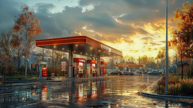 Estación de gasolina por la noche con reflejo en el charco y cielo nublado