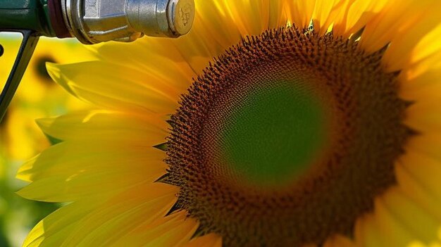 Foto estación de llenado de biocombustible en un fondo de campo de girasol