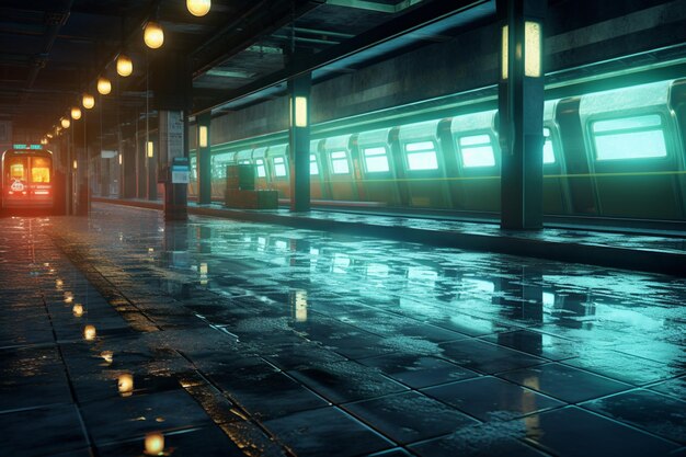 Una estación de metro con luces reflejadas en el suelo.