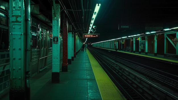 Una estación de metro vacía con un tinte verde La estación está iluminada por unas pocas luces y hay un tren en la distancia