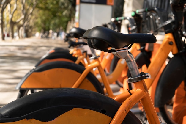 Estación municipal de alquiler de bicicletas. Forma de transporte saludable y ecológica. Bicicletas con localizador satelital.