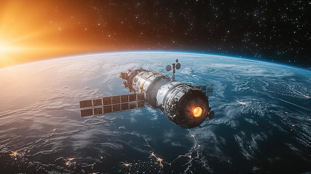 La Estación Orbital Internacional entró en la órbita de la Tierra en el espacio en los rayos del sol