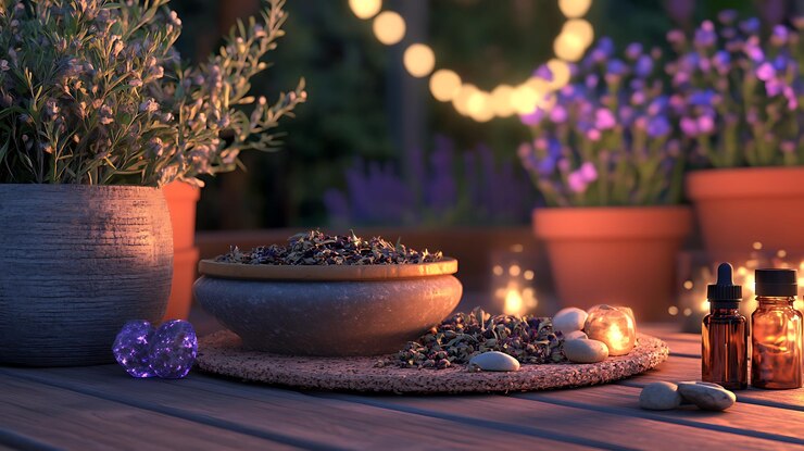 Estación de remedio herbal sereno con hierbas secas y piedras curativas