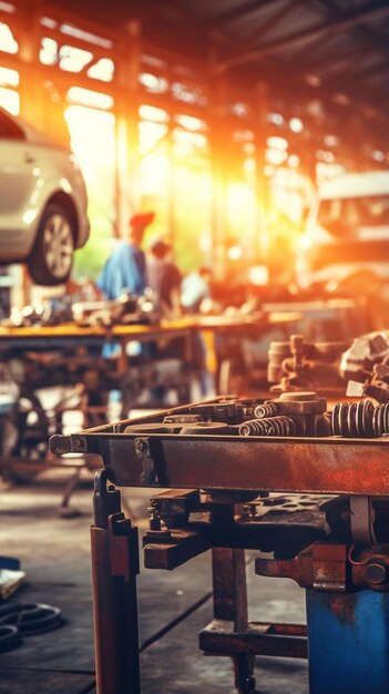 Foto estación de reparación de automóviles con enfoque suave y más luz en el fondo