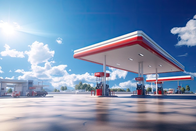 Estación de servicio con nubes y cielo azul