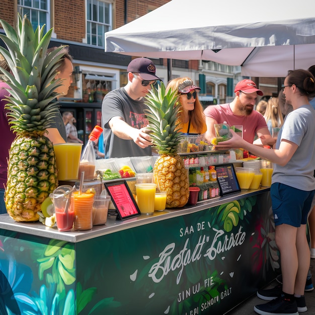 Foto una estación de smoothie en un festival callejero vemos mucho