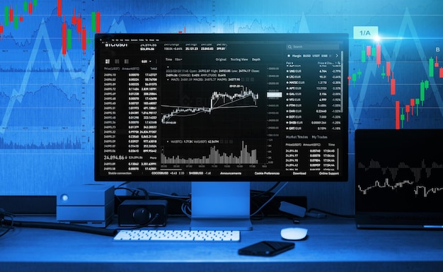 Estación de trabajo del comerciante diario del mercado de valores y criptomonedas