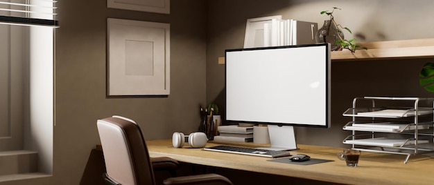 Foto estación de trabajo contemporánea moderna con computadora y decoración en mesa de madera contra la pared gris