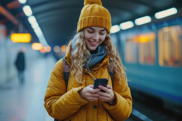 En la estación de tren una mujer feliz está enviando mensajes de texto en su teléfono Generative Ai