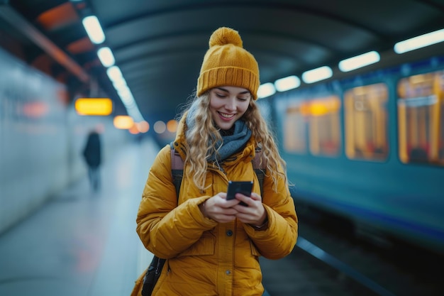 En la estación de tren una mujer feliz está enviando mensajes de texto en su teléfono Generative Ai
