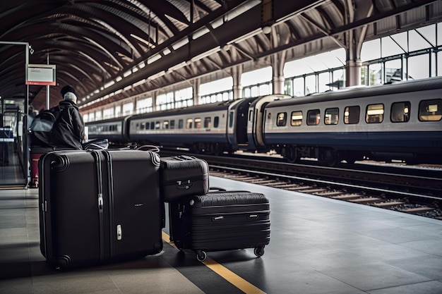 Estación de tren de salida de viaje con concepto de viaje de transporte de maletas de equipaje IA generativa