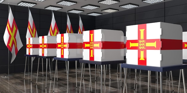 Estación de votación de Guernsey y cabinas de votación con escudo de armas concepto de elección ilustración en 3D